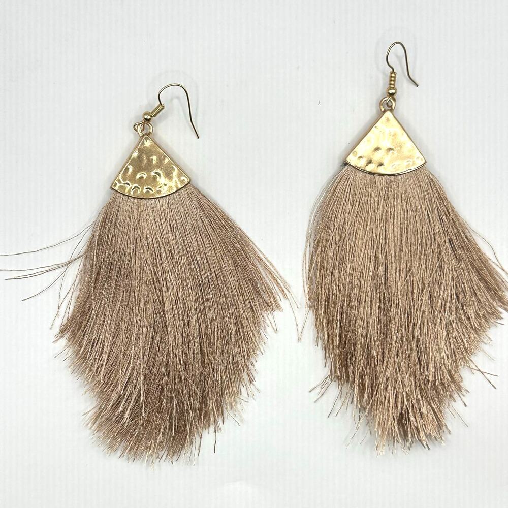 Zara Tan Gold Marabou Style Tassel Drop Earrings Boho Bohemian Pierced Neutral